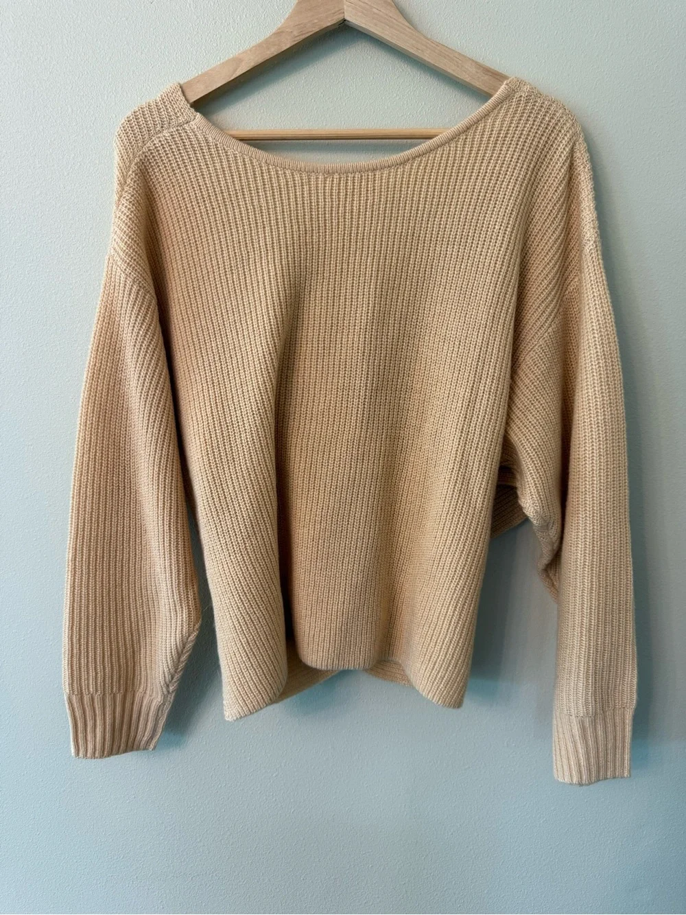 L'AGENCE Antonella Crossover Wrap Sweater Tan Sand Size M Wool Blend Knit
